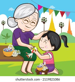 vector illustration Thai children make wishes for adults in the Songkran festival.