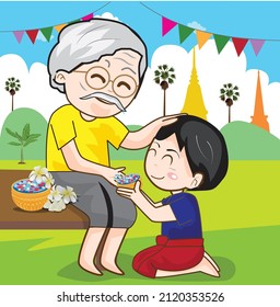vector illustration Thai children make wishes for adults in the Songkran festival