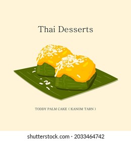 vector illustration of Thai dessert yellow fluff on green banana leaves Garnish with coconut. Kanom Tarn