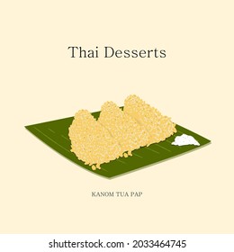 vector illustration of Thai dessert yellow fluff on green banana leaves Garnish with coconut. Kanom Tua Pap