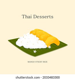 Ilustración vectorial de los postres tailandeses. Arroz pegajoso de mango sobre hojas de plátano verde en el fondo de los cremas