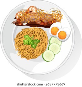 Vector illustration of a Thai dish with noodles, shrimp, eggs, and cucumber. Bright colors and detailed composition enhance visual appeal