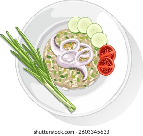 Vector illustration of a Thai dish with rice, squid, cucumbers, tomatoes, and green onions on a white plate