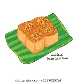 Vector illustration of Thai egg custard dessert (Khanom Mo Kaeng), a traditional Thai sweet made from eggs, coconut milk, and palm sugar, served on a banana leaf. Perfect for food illustrations