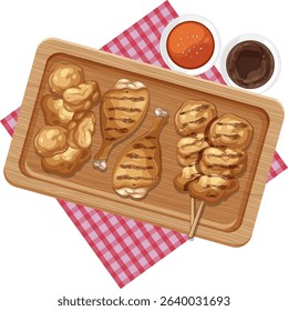 Vector illustration of a Thai food platter with grilled chicken, skewers, and dipping sauces on a wooden board