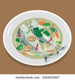 vector illustration Thai food, tom yum mackerel, spicy, dish with brown background, kaffir lime leaves, chili, ginger, galangal, lemongrass, mackerel, carrot, tomato and lime. constituents Suitable 