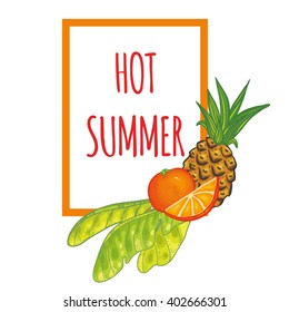 Vector illustration with Thai fruits. Illustration with text on white background. Juicy illustration. Summer illustration. Bright illustration with leaves, pineapple and orange.