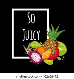 Vector illustration with Thai fruits. Illustration with text on black background. Juicy illustration.  Bright illustration with leaves, pineapple, dragon fruit, pomegranate and orange.