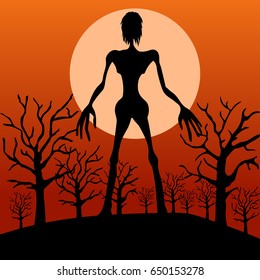 Vector illustration of Thai  ghost with the orange sky and the moon and the trees on Halloween