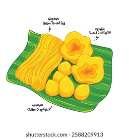 Vector illustration of Thai golden egg yolk desserts – Thong Yip, Thong Yod, and Foi Thong. Traditional Thai sweets made from egg yolk and sugar syrup, often served on a banana leaf