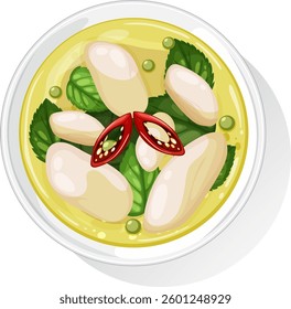 Vector illustration of Thai green curry with beans and red chili. Bright colors and top-down composition enhance the dish's appeal
