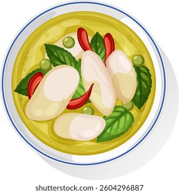 Vector illustration of Thai green curry with vibrant vegetables and herbs in a white bowl