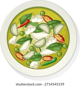 Ilustración vectorial de curry verde tailandés, verduras vibrantes, hierbas frescas, vista aérea, estilo plano