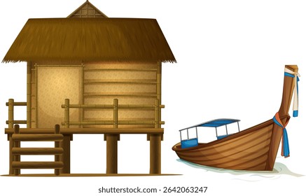 Vector illustration of a Thai hut with thatched roof and a wooden longtail boat. Warm colors and detailed textures enhance authenticity