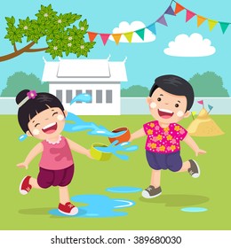 Vector illustration of Thai kids splashing water in Songkran festival at the temple in Thailand