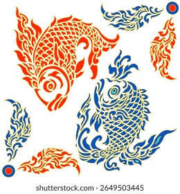 Vector illustration of a Thai pattern, Thai pattern, red and blue fish, Pisces.