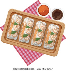 Vector illustration of Thai spring rolls on a wooden tray with vibrant colors and detailed textures, accompanied by dipping sauces