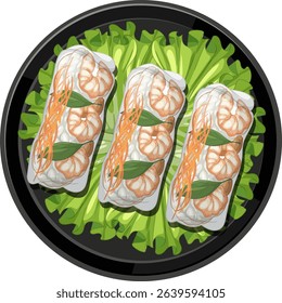 Vector illustration of Thai spring rolls with shrimp, lettuce, and carrots on a black plate. Vibrant colors and detailed composition