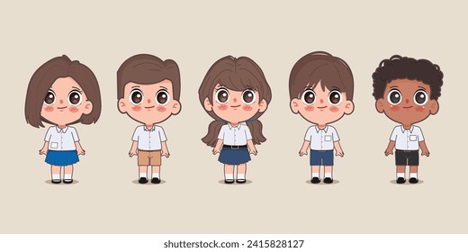 Ilustración vectorial de un estudiante tailandés con uniforme escolar yendo a la escuela. Caricatura de Doodle clipart.