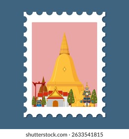 Vector illustration of a Thai temple on a postage stamp. Features vibrant colors, detailed architecture, and a pink background