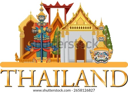 Vector illustration of Thai temples and mythical guardian. Rich colors, intricate details, and cultural symbolism highlight traditional architecture