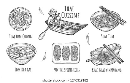 Vector illustration of Thai traditional cuisine. Thailand dishes Tom Yum Goong, Som Tum, Tom Kha Gai soup, Khao Niaow Ma Muang rice with mango, pad thai spring rolls. Food floating boat. Hand drawn.