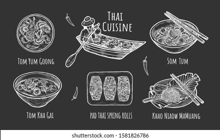 Vector illustration of Thai traditional cuisine. Thailand dishes Tom Yum Goong, Som Tum, Tom Kha Gai soup, Khao Niaow Ma Muang rice with mango, pad thai spring rolls. Food floating boat. Hand drawn.