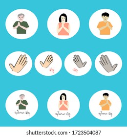 Vector illustration of Thai wai icons set with Thai text translation: rejoice to show great delight can be used for social distancing greetings instead if handshake or hugs during coronavirus outbreak
