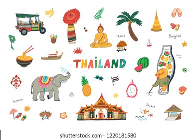 vector illustration of Thailand, design travel landmarks doodle set