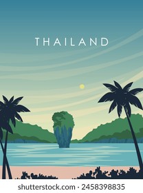 Vector illustration. Thailand. Poster on the wall. Tropical island. Thailand. Beach. Poster design, banner, postcard, cover, packaging. Modern design. Tourism, travel.