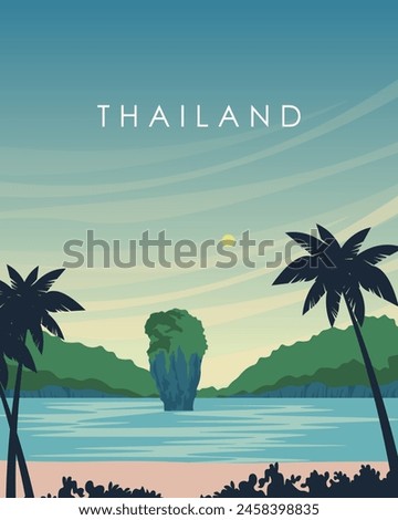 Vector illustration. Thailand. Poster on the wall. Tropical island. Thailand. Beach. Poster design, banner, postcard, cover, packaging. Modern design. Tourism, travel.