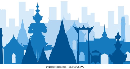 Vector illustration of Thailand's iconic skyline with temples and modern buildings in layered blue silhouettes