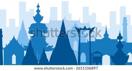 Vector illustration of Thailand's iconic skyline with temples and modern buildings in layered blue silhouettes