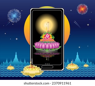 Imagen vectorial de la tradición tailandesa Loy krathong en línea.
