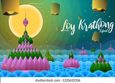 Vector Illustration for “Loy Krathong” - a Thais festival in a day of full moon on November by floating the beautiful froral with candle and incense sticks on the river