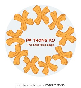 Vector illustration of Thai-style fried dough snack "Pa Thong Ko," Thai food is eaten for breakfast with sweetened condensed milk or dipped in hot coffee. Isolated elements on a white background.
