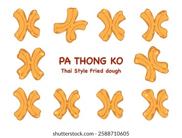 
Vector illustration of Thai-style fried dough snack "Pa Thong Ko," Thai food is eaten for breakfast with sweetened condensed milk or dipped in hot coffee. Isolated elements on a white background.
