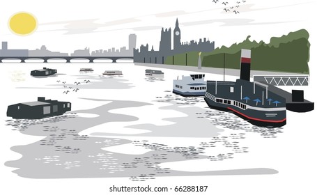 Vector Illustration Of Thames River, London.