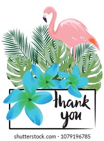 vector illustration of thank you card with flamingo, tropical flowers, leaves