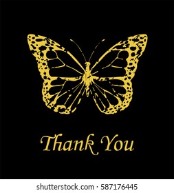 vector illustration of a thank you card with vintage golden butterfly.