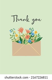 Vector illustration of a thank you greeting card. Holiday greetings. Floral envelope. Sweet and happy. Lovely invitation. 