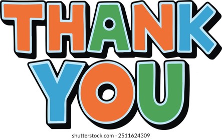 A vector illustration of a "Thank You" greeting card logo. The text Thank You is written in bold, colorful lettering. The background is white.