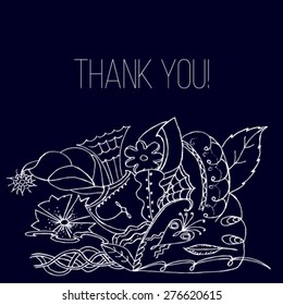 Vector illustration of a thank you note with hand drawn doodles and flowers for your design