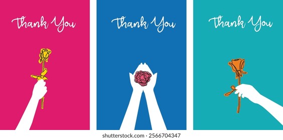 Vector illustration of Thank You there are flowers on their hands. Teamwork. Gratitude and agreement between colleagues. Appreciation.