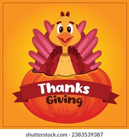 Vector illustration Thanks giving with turkey and pumpkin orange background