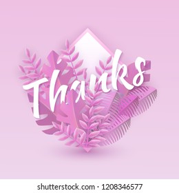 Vector illustration of Thanks text floral design with word in pink plant leaves in frame of drop shape isolated on tender gradient background - elegant natural design for gratitude card.