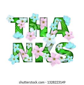 Vector illustration of Thanks word floral natural design with tender flowers and green leaves isolated on white background. Natural text decoration with blooms and foliage for gratitude card.