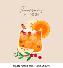 Vector illustration of Thanksgiving autumn punch with cinnamon sticks, cranberries, apple and orange on beige background. 