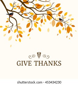 Vector Illustration of a Thanksgiving Background Design with an Autumnal Branch and Birds