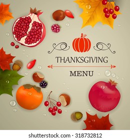 Vector Illustration of an Thanksgiving Background with Fruits and Leaves